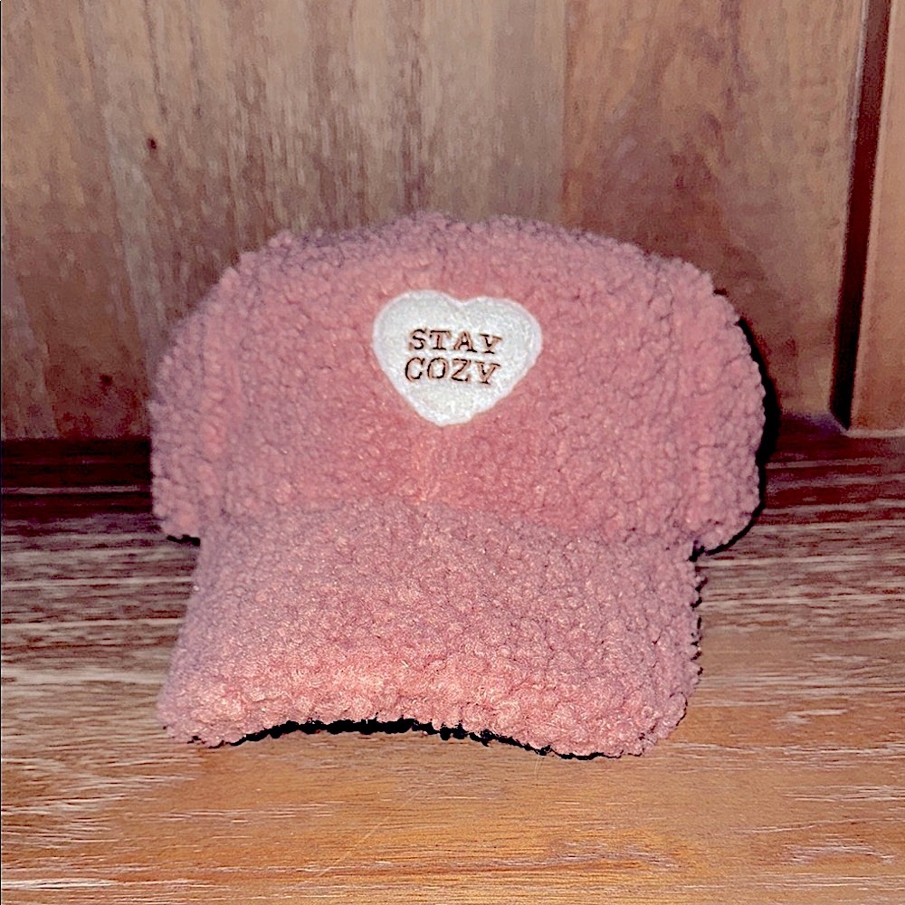 Pink and White Fuzzy Baseball Hat 
“Stay Cozy” - Picture 6 of 10